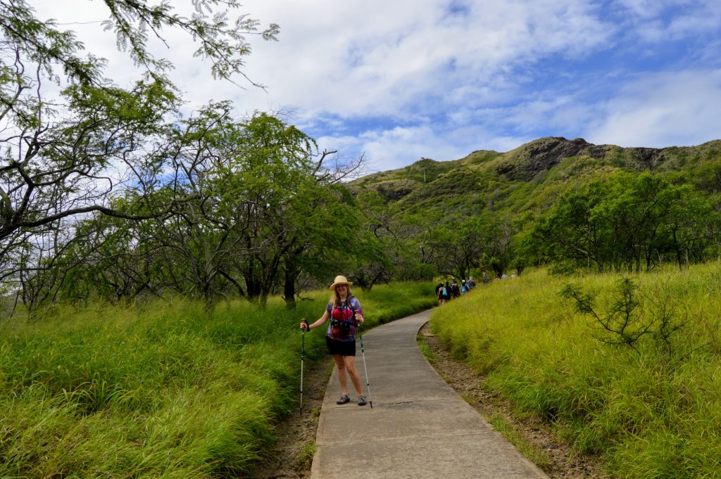 Karen on the boardwalk at start of the Diamond Head hike
This part of the trail is wheel chair accessible, but later parts are not.