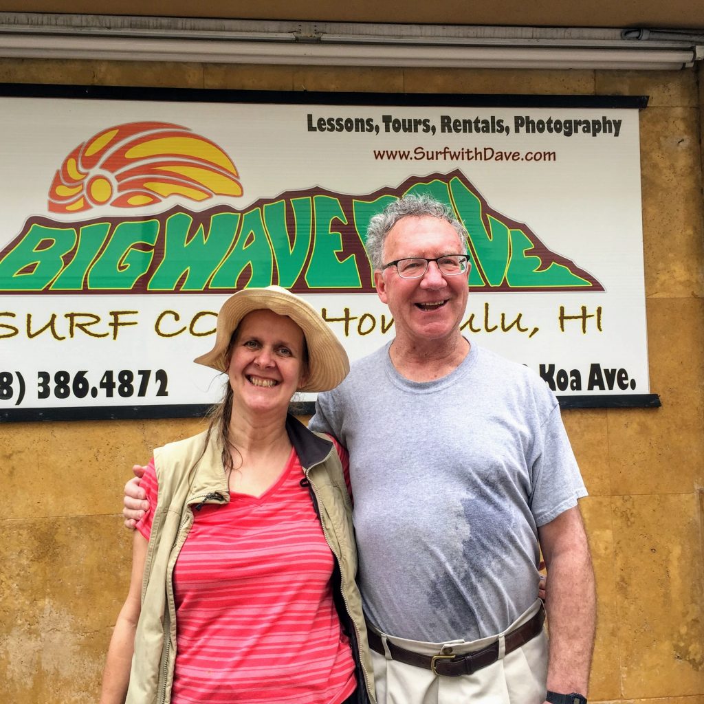 OurCarpeDiem in front of BigWaveDave in Honolulu, where I started learning to surf with MS