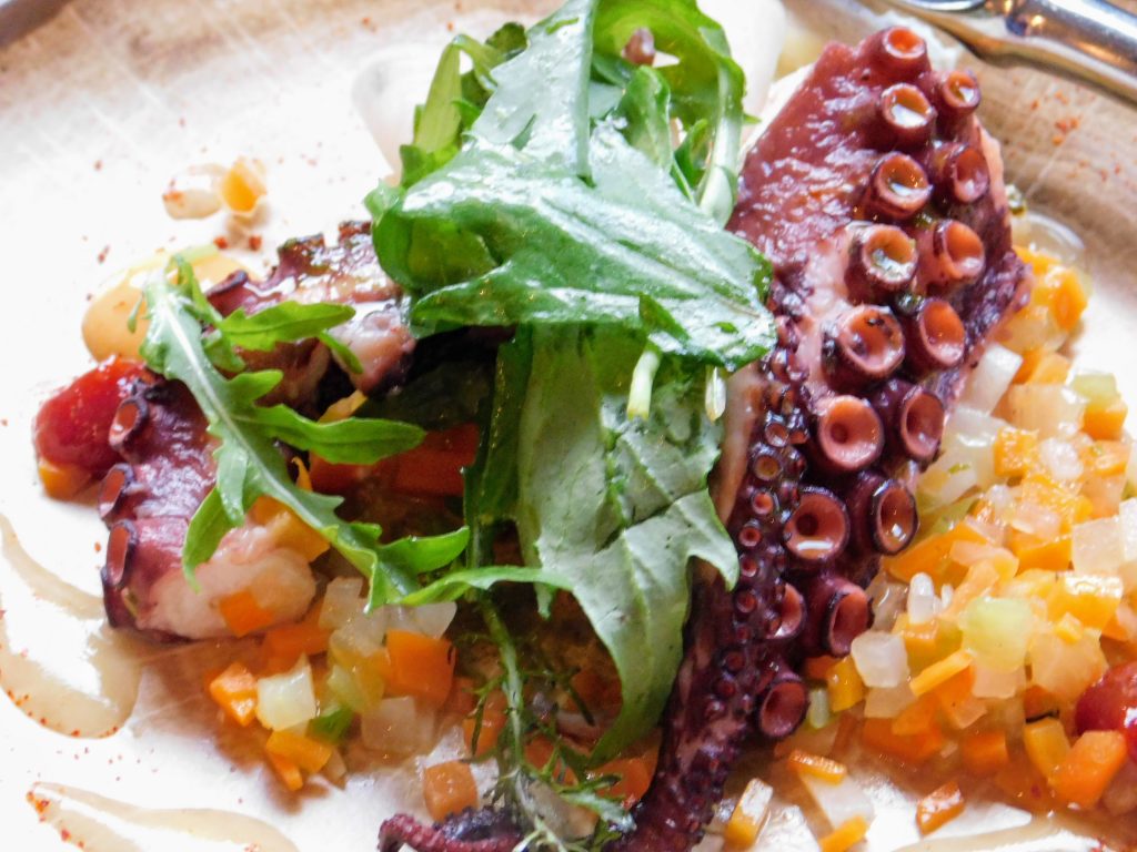 Octopus salad with lettuce and corn,  another delectable fine dining discovery in this Bib Gourmand restaurant in Paris