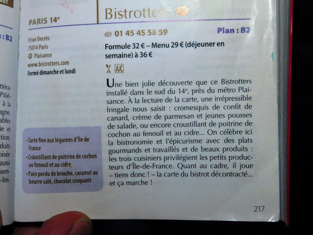 Shows the Bib Gourmand entry for Bistrotters in Paris. It starts with "Une bien jolie découverte que ce Bistrotters."
"A very lovely find in the southern reaches of the 14th arrondissement, close to Métro Plaisance. The values of bistronomie and Epicureanism are at the fore with hearty, elaborate fare made from fine ingredients (small producers from the Île-de-France area are preferred). Bistro interior and laid-back service.
- MICHELIN guide inspectors"