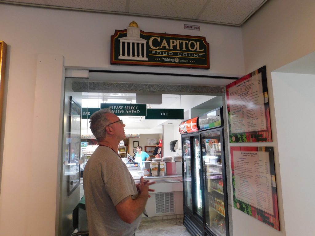 Tom trying to decide what to eat at the Vermont State House