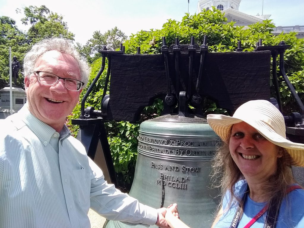 Our Carpe Diem with the liberty bell replica behind them. Another travel quest to start. 