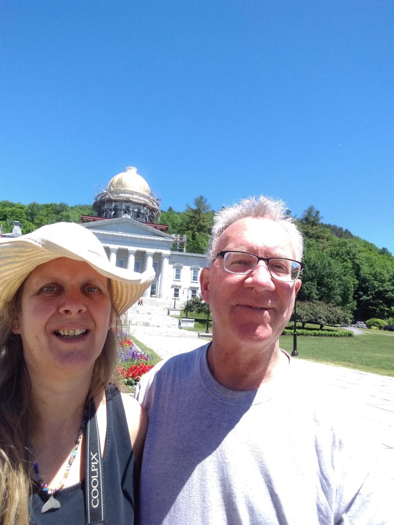 Tom and Karen OurCarpeDiem statehouse selfie in Vermont while looking for the Vermont Liberty Bell replica