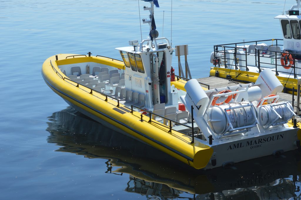 Yellow zodiac boat, docked and ready for us to get in to find whales to watch! It took us about three hours from Quebec City to get here.