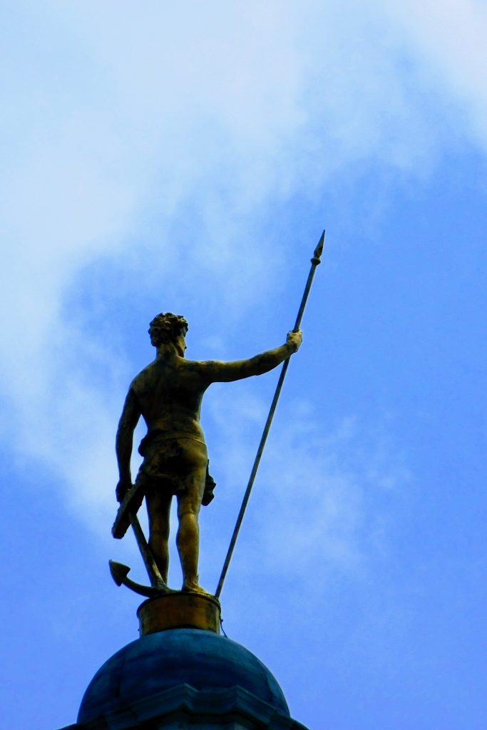 The Independent Man, fiercely standing with an anchor and a spear. Statue on top of the Rhode Island state house.