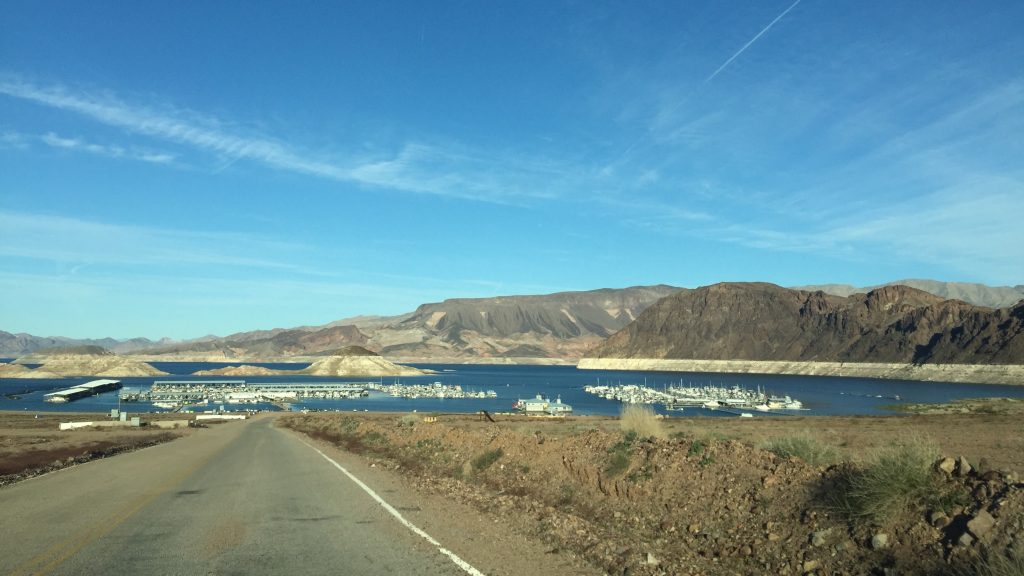 Looking out over Lake Mead marina with mountains in the background.
One of the best day trips from Las Vegas if you like water recreation