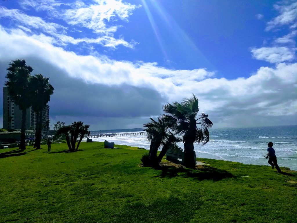 Threatening clouds over the Pacific Ocean, with palm trees and somebody running. The sky was falling during my MRI with claustrophobia. 