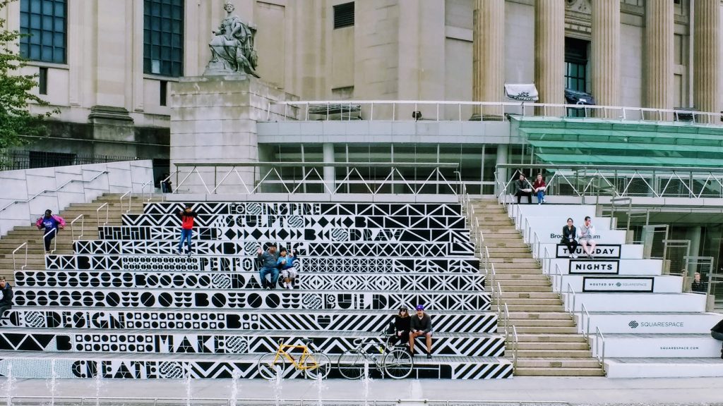 Brooklyn Museum front steps, with letters spelling CREATE, MAKE, DESIGN, DANCE, SING
Another way to enjoy the arts