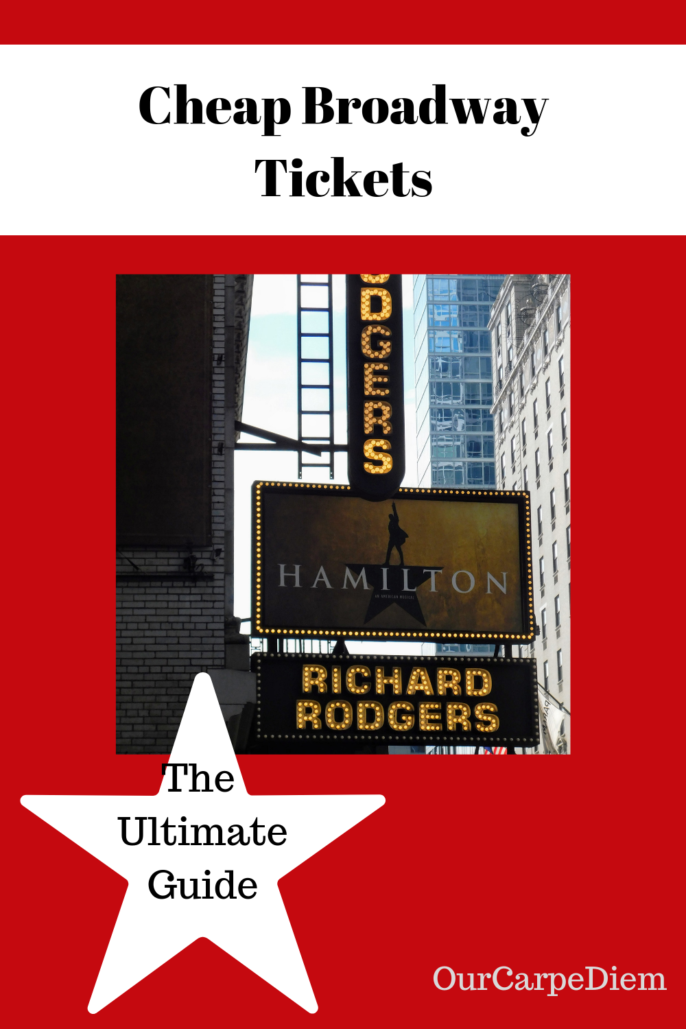 How to get Cheap Broadway Tickets The ultimate guide to affordable Broadway tickets. Giving you 5 different ways to #savemoney on your show tickets. Explains about #TKTS #TDF and #lotteries. When you travel to New York City, you have to see a Broadway show for sure. If only you could get discounted tickets to popular shows, like Hamilton, Mean Girls, Book of Mormon, Beautiful, Waitress and more. Never pay full price again. Find out how! #NYC #OurCarpeDiem #Broadway #traveltips #NewYorkCity