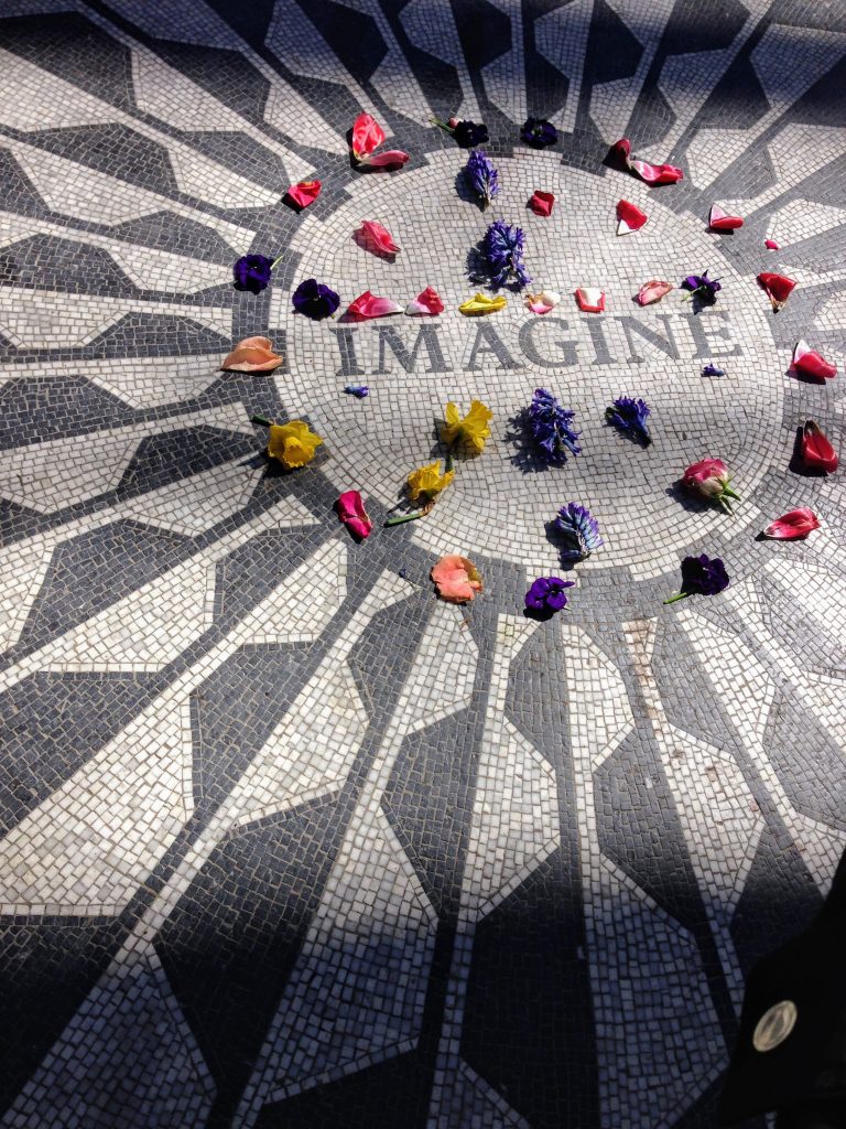 Strawberry fields mosaic with Imagine and flowers in Central Park, NYC