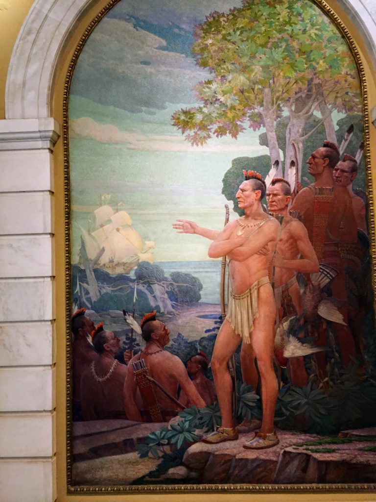 Natives of Staten Island watching the Europeans sail in. One of the amazing murals in the Staten Island Borough Hall 