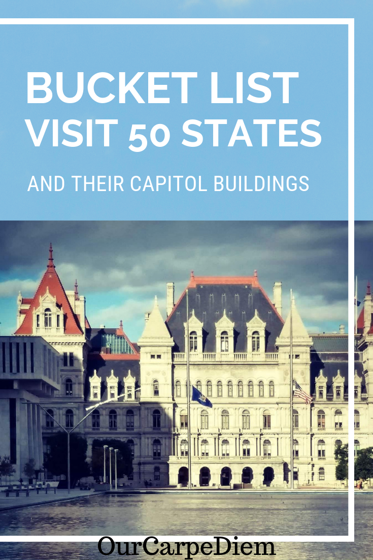 Visit 50 States Bucket list: visit 50 states and their capitol buildings. Learn the difference between state houses and capitols. Immerse yourself in national history. Visit National Historic Landmarks. USA destinations. Travel through America on an epic road trip. Discover beautiful places. Which state house has a dome? Which state house has fossils? What is that liberty bell replica doing in that capitol? #thingstodo #bucketlist #50states #statehouses #capitols #OurCarpeDiem #traveltribe