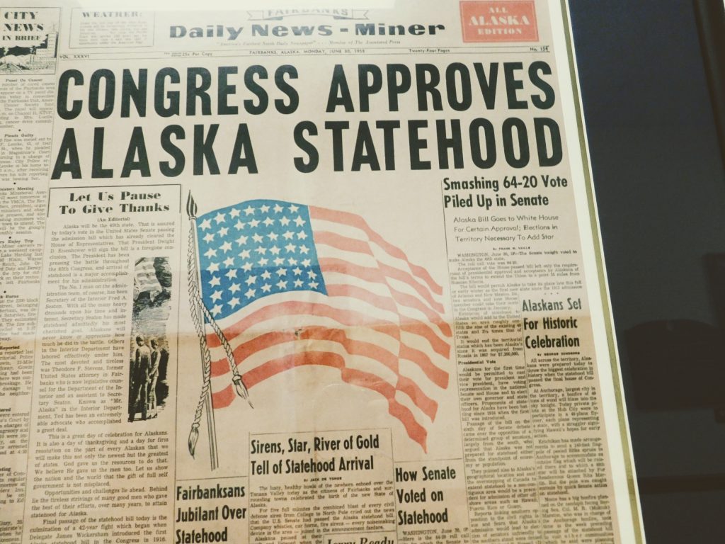 Front page of the Daily News - Miner with head line "Congress approves Alaska statehood" and "Smashing 64-20 Vote Piled Up in Senate"