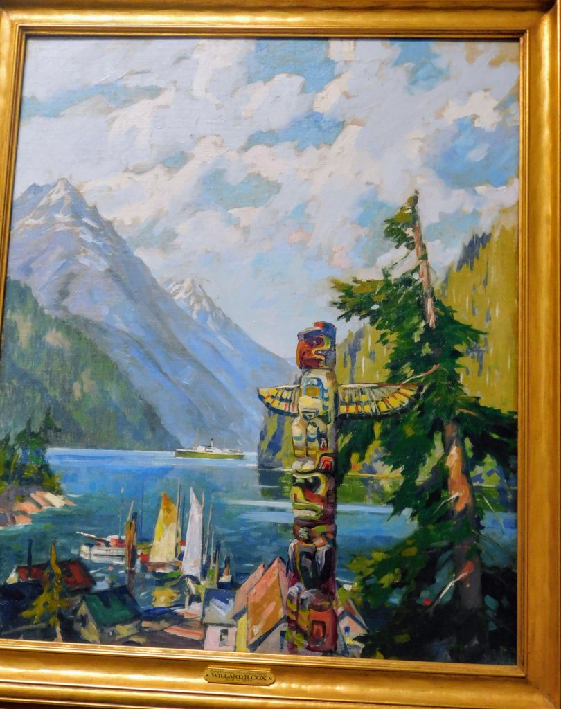 Alaska Capitol fact: Lots of interesting paintings, like this one with a totem in front of a lake and Alaskan mountains