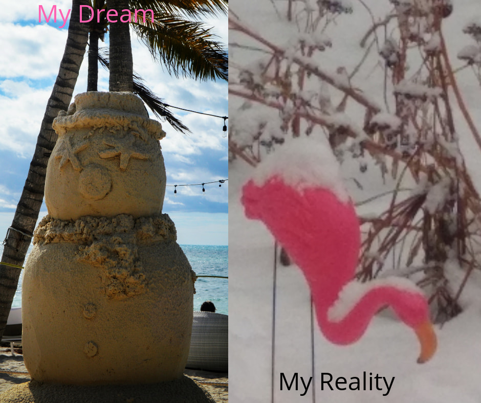 My dream: sand sculpture of a snow man, next to a flamingo garden ornament in the snow
Old and new travel photography.