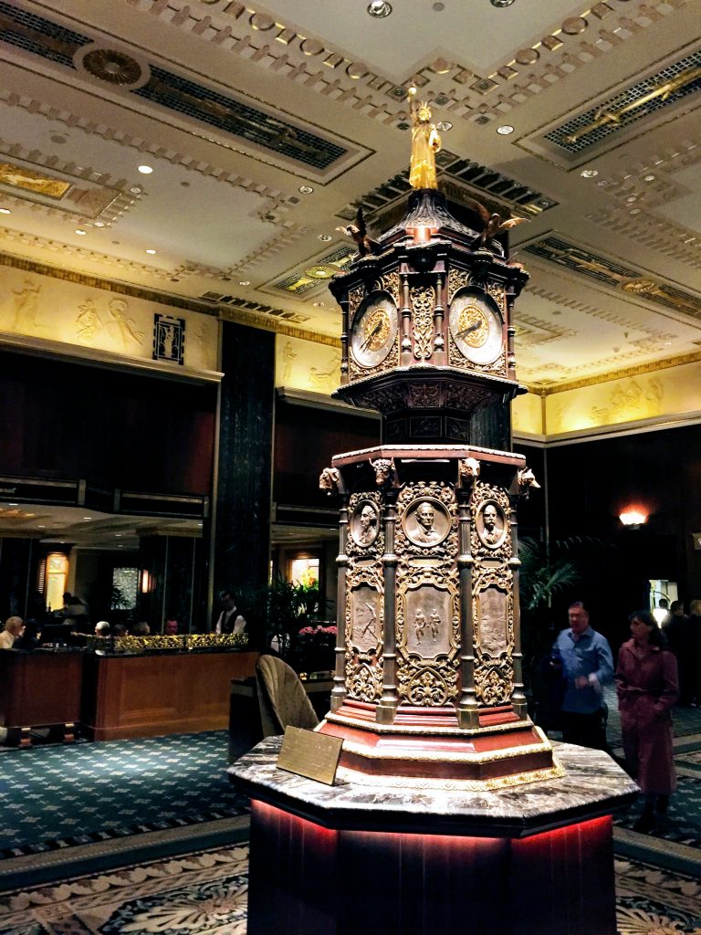 Waldorf Astoria New York, lobby, with a famous clock in the center.