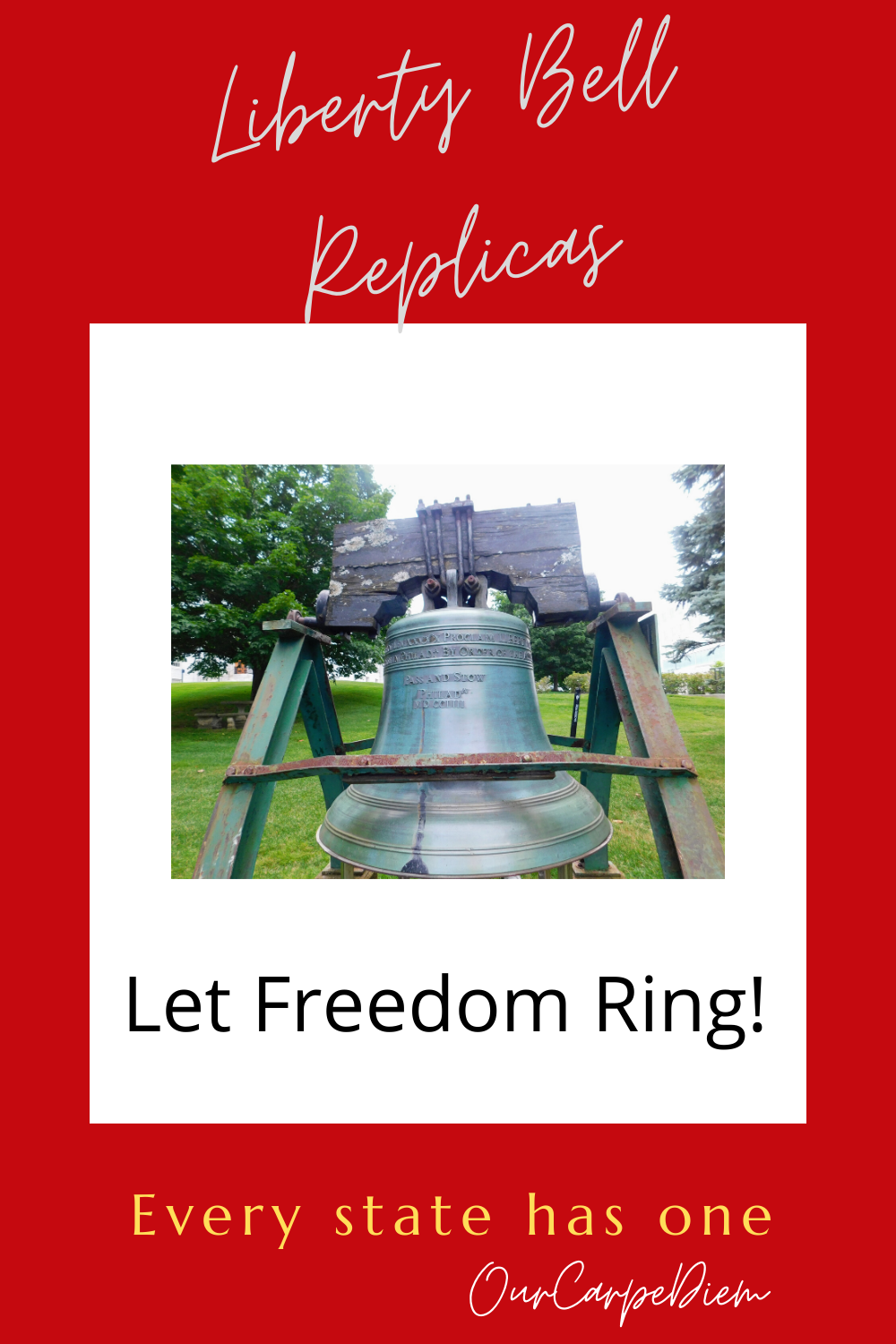 Did you know every state has a full-sized replica of the #LibertyBell ? Read the story behind these copy-cat bells and about our #quest to visit them all. Usually they are at the #StateCapitol or #StateHouse but of course there are exceptions. Of course it would be hard to visit them during our pandemic, but we can dream about #LifeAfterCovid and make a new #travel #bucketlist. Read all about Savings Bond Drive that inspired these liberty bell replicas. #OurCarpeDiem #TravelGuide #USAtravel #NationalHistory