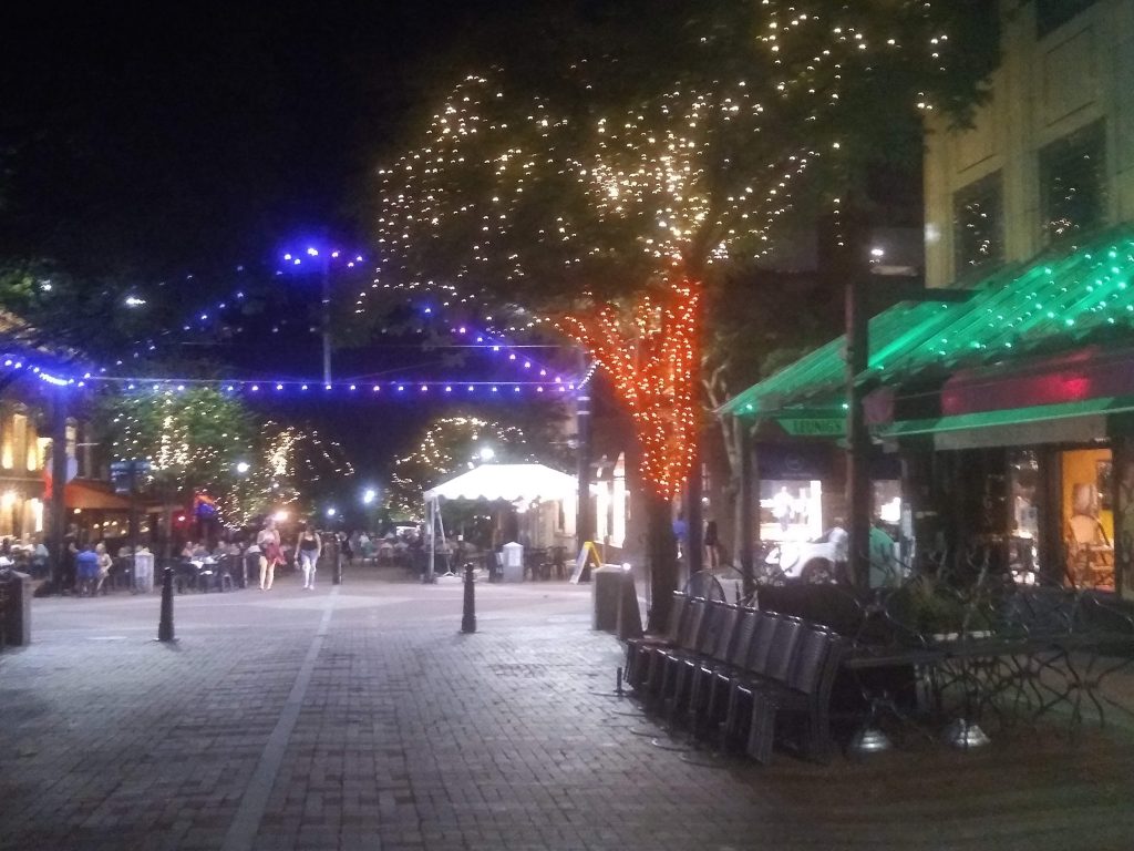 View over Church Street in Burlington Vermont , only a few people during our pandemic travel