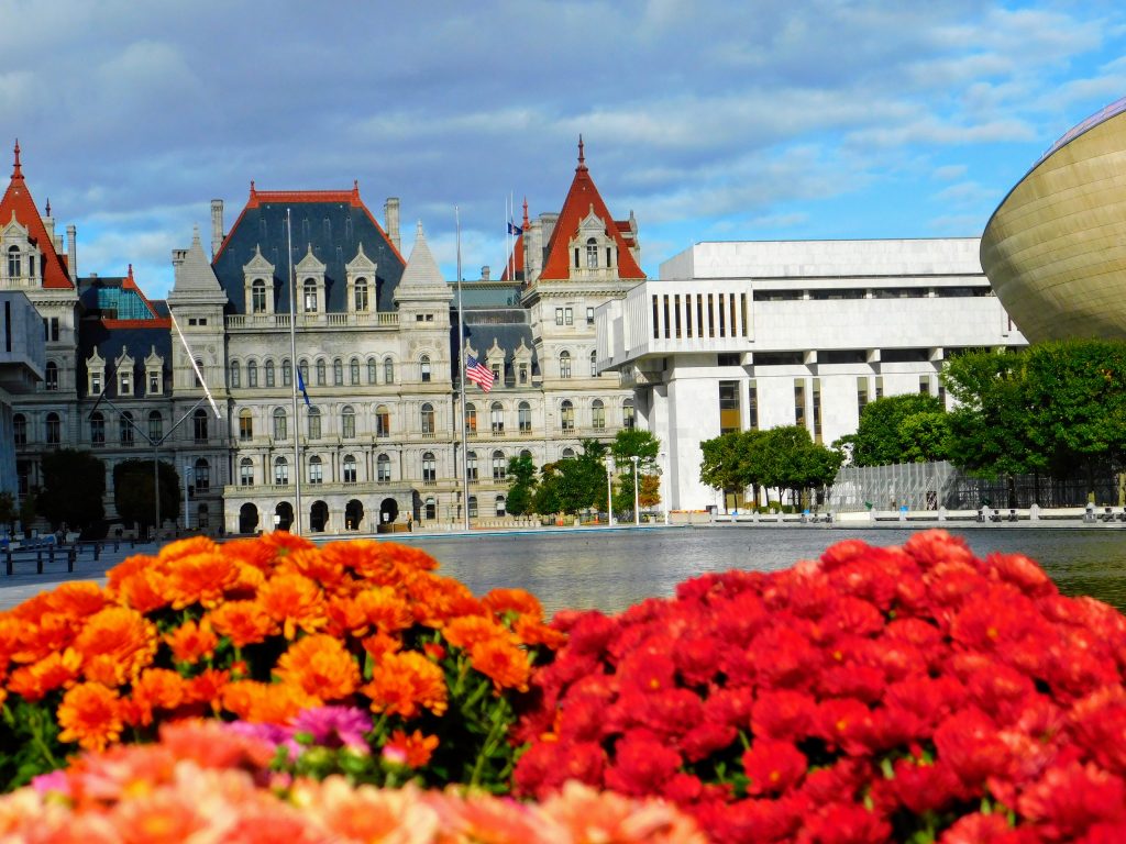 Flowers in front of the New York State Capitol building
