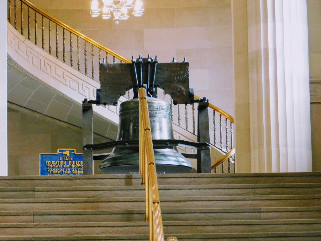 Liberty Bell replica at the top of the stairs in the NY state education building. 