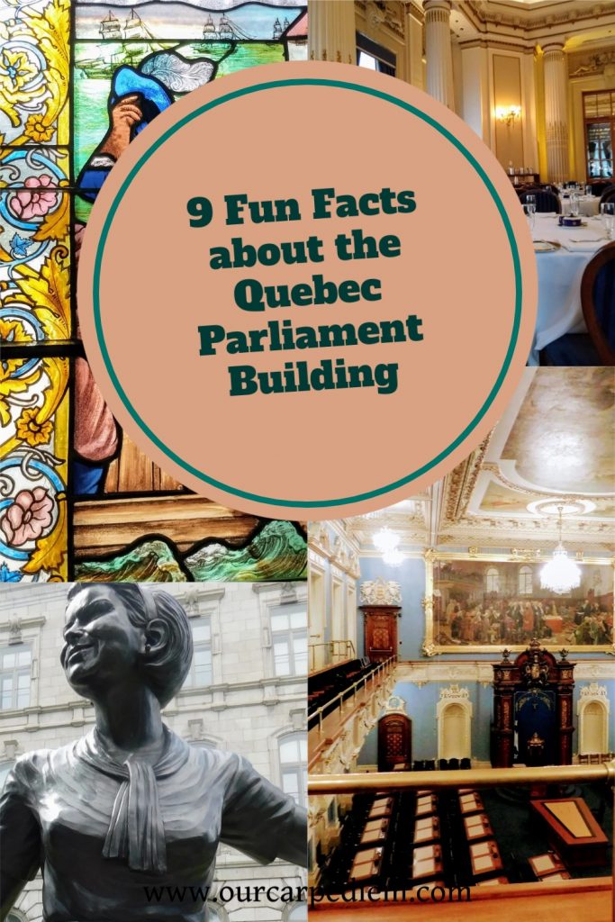 The Quebec Parliament Building in Quebec City, Canada is home to their National Assembly. Truly exceptional architecture and a rich, long history show the ingenuity of the Canadian spirit. Did you know even nowadays the Queen is still involved with their democracy? Have you heard about Batisse, the goat? Find out the fascinating details! #CanadaTravel #QuebecCity #OurCarpeDIem #FreeThingsToDo #QuebecParliament
