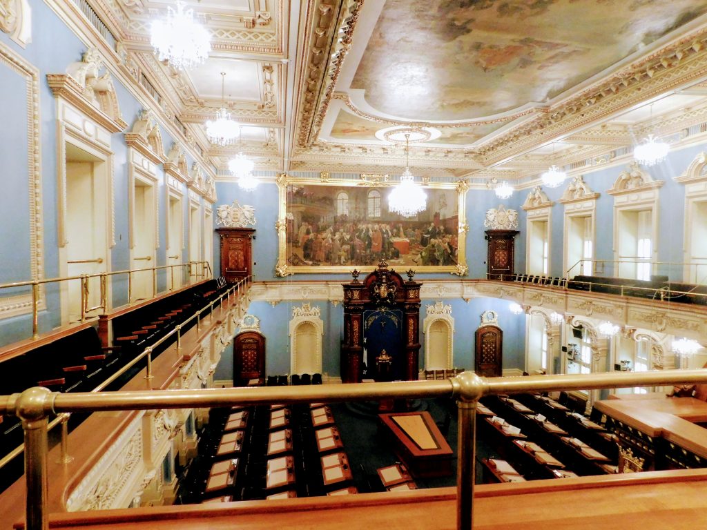 Looking out over the Blue Hall in the Quebec Parliament building.
This is where the National Assembly gathers.