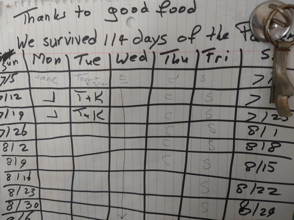 Cooking schedule after surviving 114 days of pandemic. Hindsight to 2020.