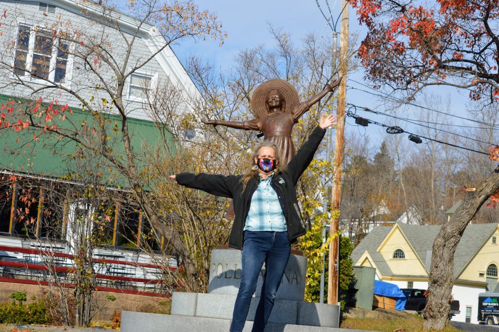 Karen with Pollyanna statue in Littleton, NH