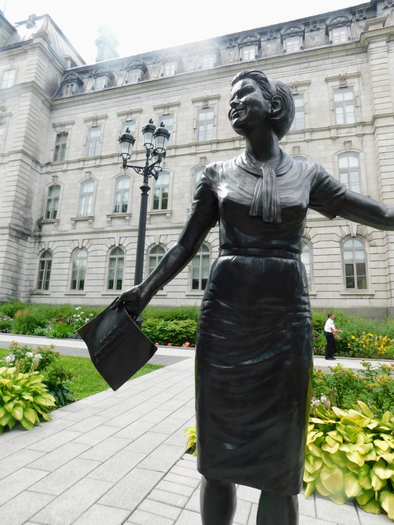 Statue of a woman in front of the Quebec Parliament building. She was the first woman to be elected to the Quebed National Assembly. 