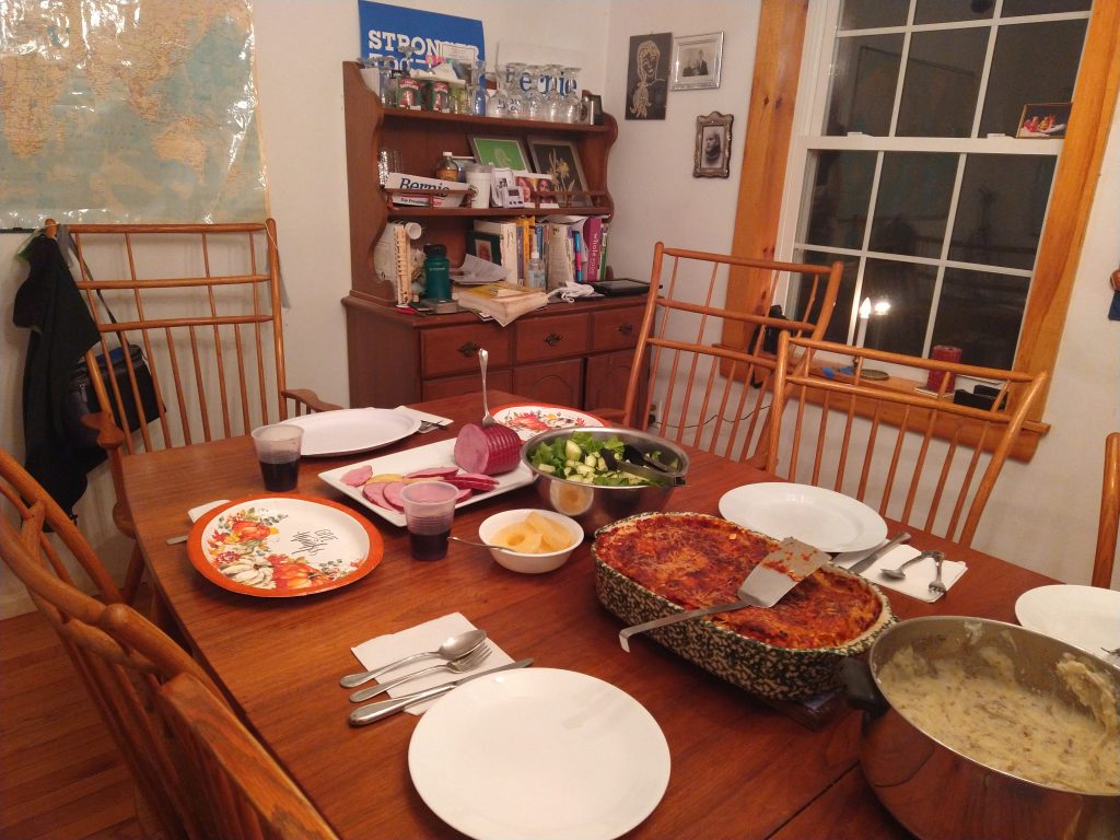 Our 2020 Christmas dinner, non traditional with  vegetable lasagna, ham,  mashed potatoes, salad and more. Part of our 2020 hindsight story.