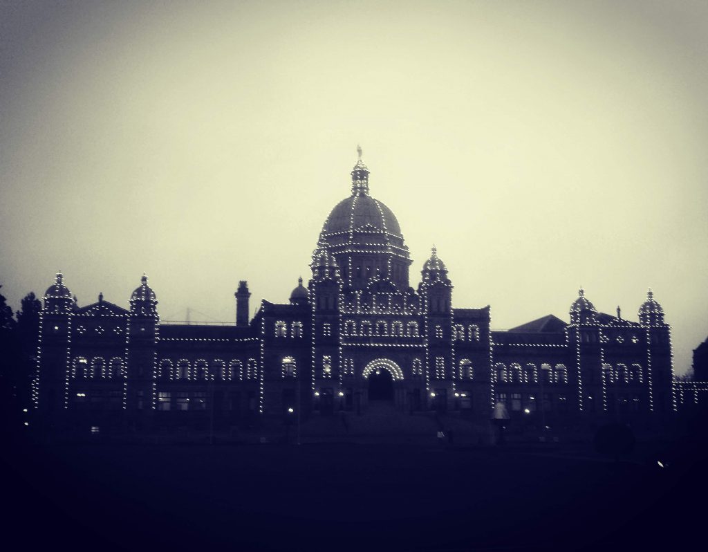 British Columbia Parliament building in Victoria BC, lit up at night