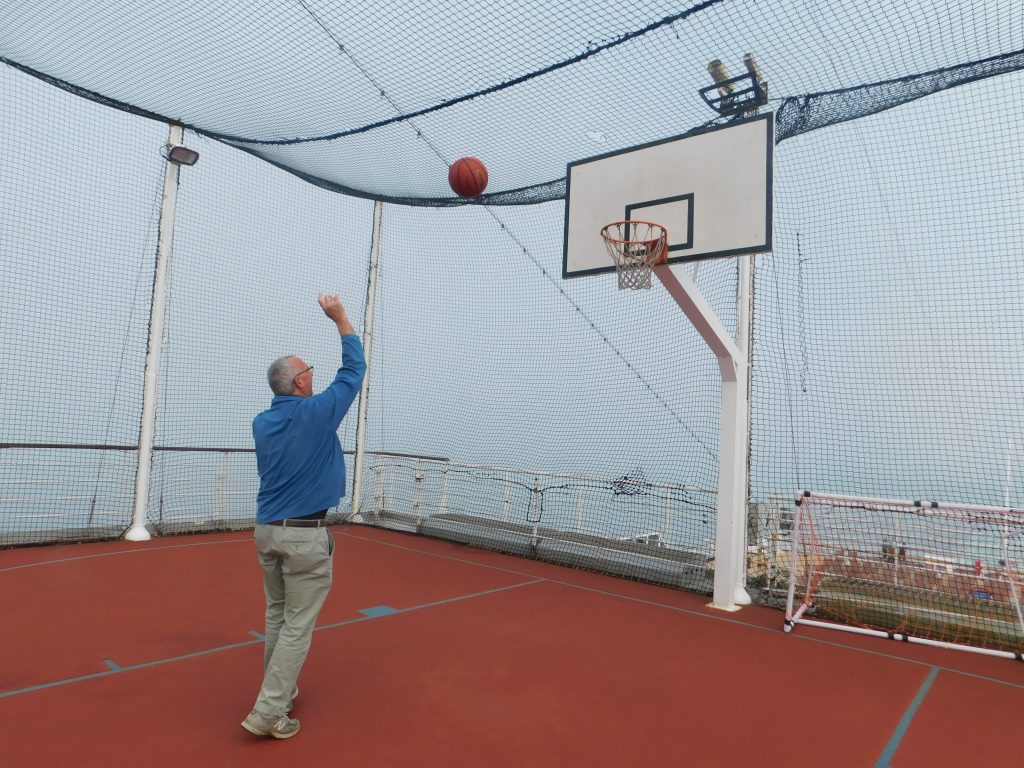 Tom scoring a point on the basketball court on top of the Eurodam
Great exercise during our Holland-America Alaska cruise