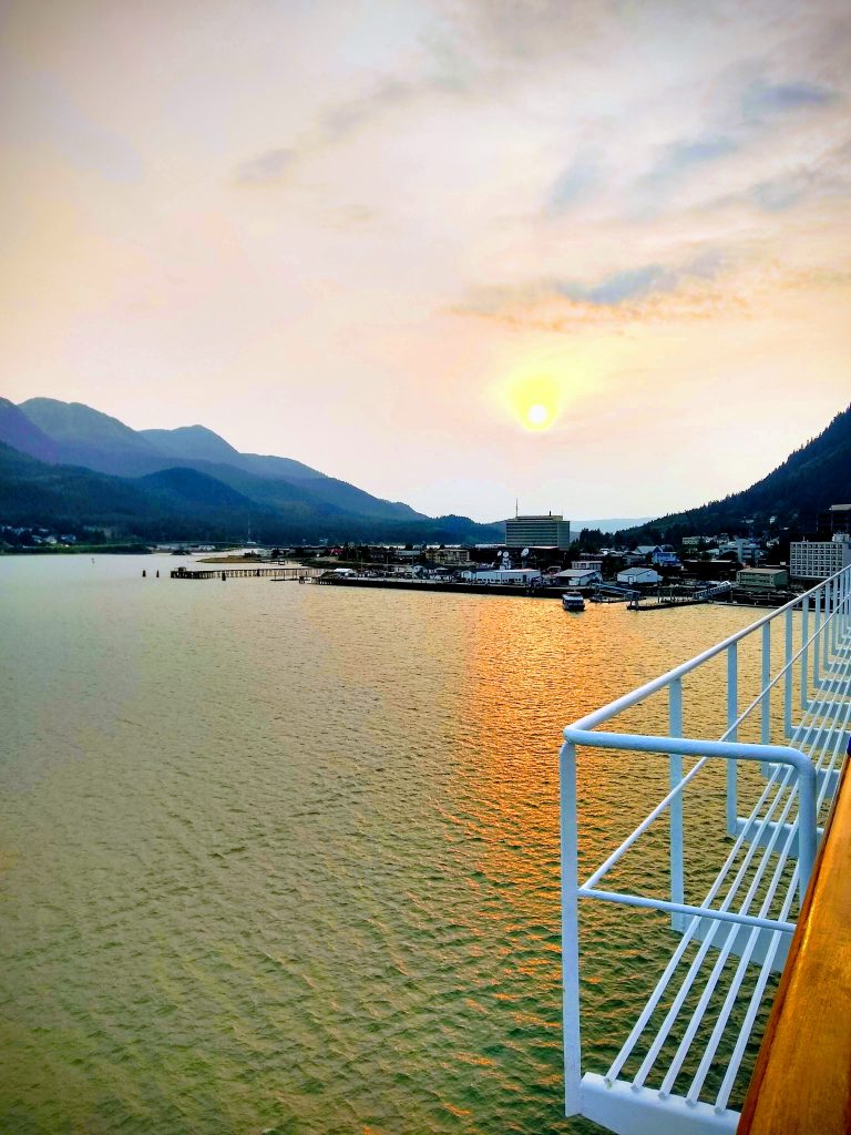 Sunset over the water from Juneau during our Alaska cruise