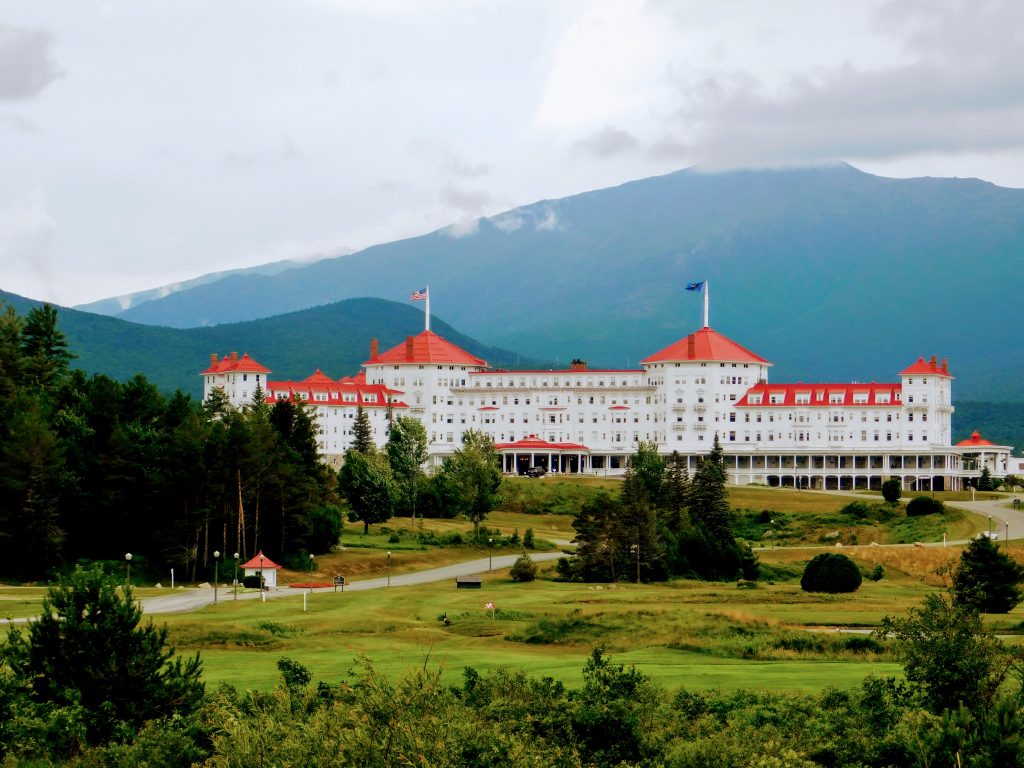 Mt Washington Hotel with mountains in the background. 
One of the National Historic Landmark sites in New Hampshire