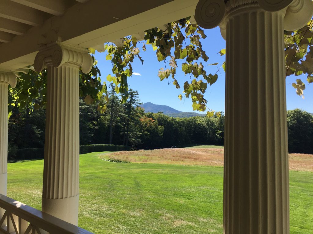 Pillars overlooking a scenic view at Saint-Gaudens National Park in NH