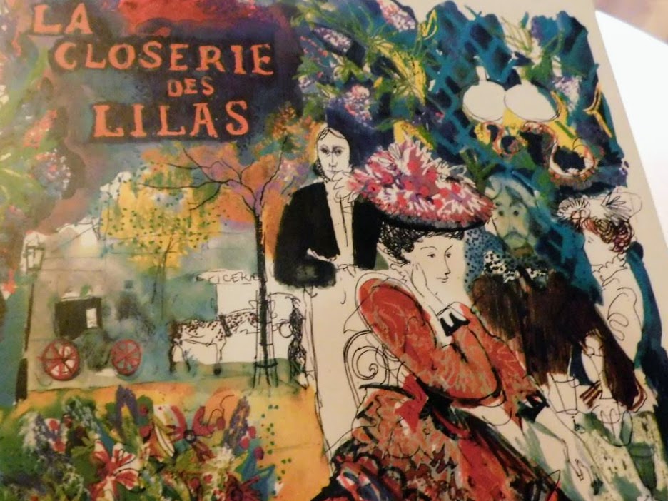 Front of the menu of La Closerie Des Lilas, with old fashioned very richly dressed people 