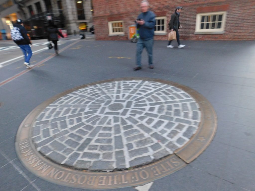 Sidewalk showing the site of the Boston Massacre in front of the Old State House. 