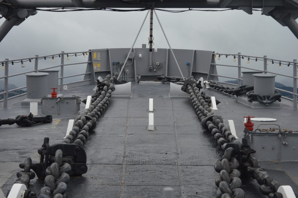 USS Missouri, view over the deck, looking out over big cables