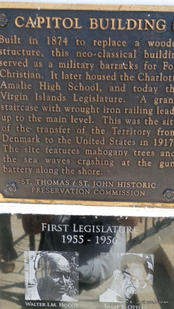Plaque describing the history of the St Thomas Capitol building