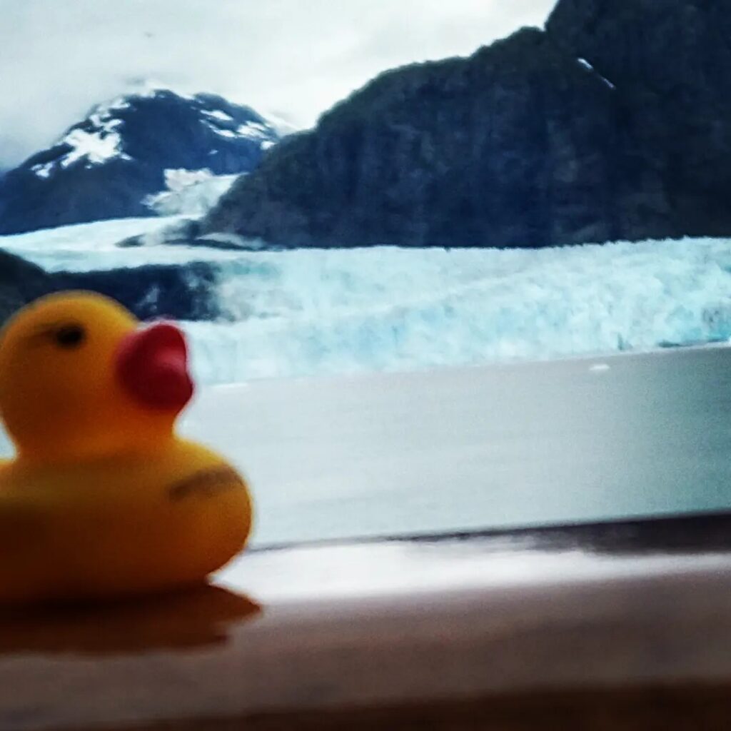 rubber ducky with Alaskan glacier in background