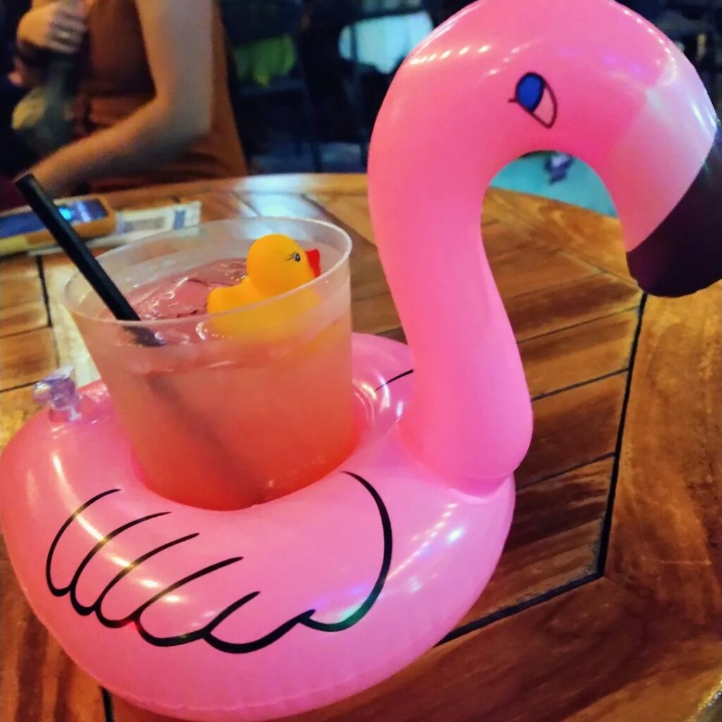 Kwek swimming in my drink with a blowup flamingo around her. 
Flat Stanley 2024 travel photo